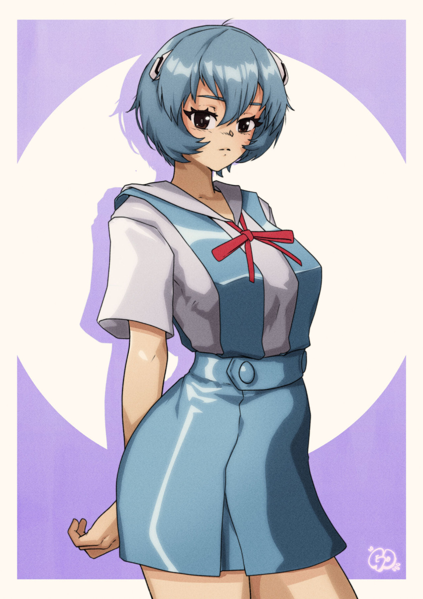 1girl big_breasts blush border breasts brown_eyes female_only female_solo gravydood grey_hair looking_at_viewer neon_genesis_evangelion outside_border rei_ayanami school_uniform short_hair standing tagme white_border