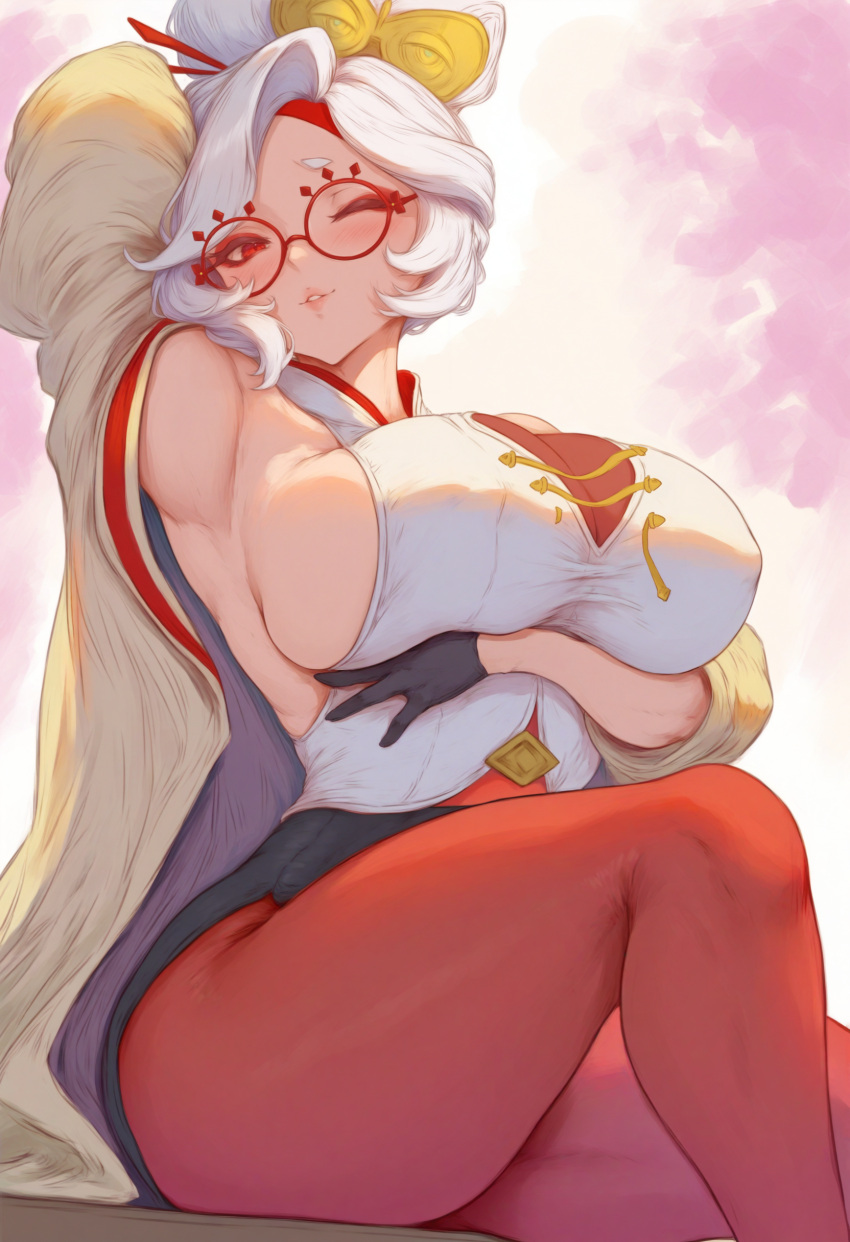 1girl big_breasts bubble_butt cleavage horny inviting_to_sex looking_at_viewer pose purah purah_(tears_of_the_kingdom) red_eyes sitting still_dope tears_of_the_kingdom teasing the_legend_of_zelda thick_thighs white_hair