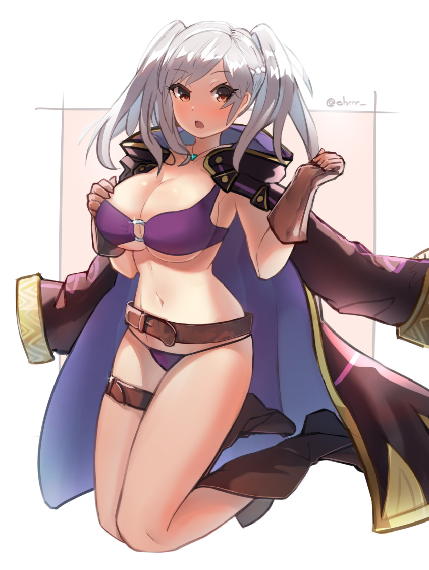1girl :o belt big_breasts bikini boots brown_boots brown_gloves cape cleavage ehrrr female_focus fire_emblem fire_emblem_awakening fire_emblem_heroes fire_emblem_warriors full_body gloves high_res intelligent_systems jewelry looking_at_viewer navel nintendo o-ring o-ring_bikini o-ring_top pendant red_eyes robin_(fire_emblem) robin_(fire_emblem)_(female) robin_(summer)_(fire_emblem)_(female) silver_hair swimsuit thigh_strap twitter_username two_side_up under_boob