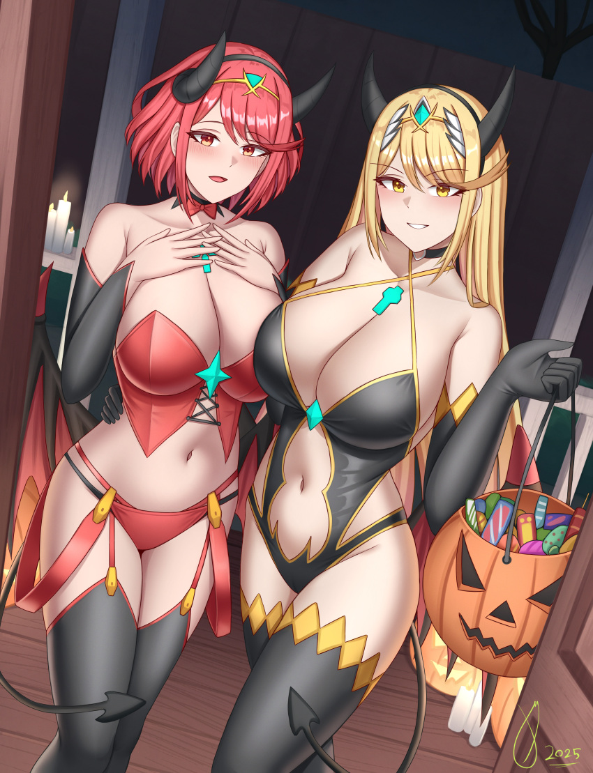 2_girls absurd_res big_breasts black_horns black_leotard blonde_hair blush candy chest_jewel core_crystal_(xenoblade) cowboy_shot demon_girl demon_horns demon_wings eyelashes food ghonky halloween halloween_bucket high_res horns indoors leotard long_hair low_wings multiple_girls mythra_(xenoblade) open_door panties pyra_(xenoblade) red_eyes red_hair red_panties red_vest short_hair tiara underwear vest wings xenoblade_(series) xenoblade_chronicles_2 yellow_eyes