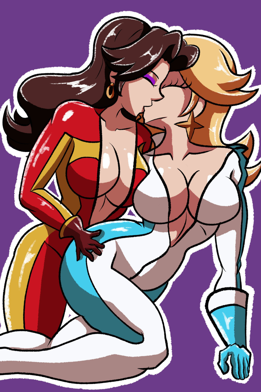 2_girls alluring alternate_version_available big_breasts blonde_hair bodysuit brown_hair cleavage closed_eyes earrings eye_shadow female_only hoop_earrings intelligent_systems kissing lesbian_kiss long_hair mario_(series) mario_kart_world nintendo no_bra pauline pauline_(aero) princess_rosalina princess_rosalina_(aero) purple_background robveemo rosalina simple_background super_mario_bros. unzipped unzipped_bodysuit yuri