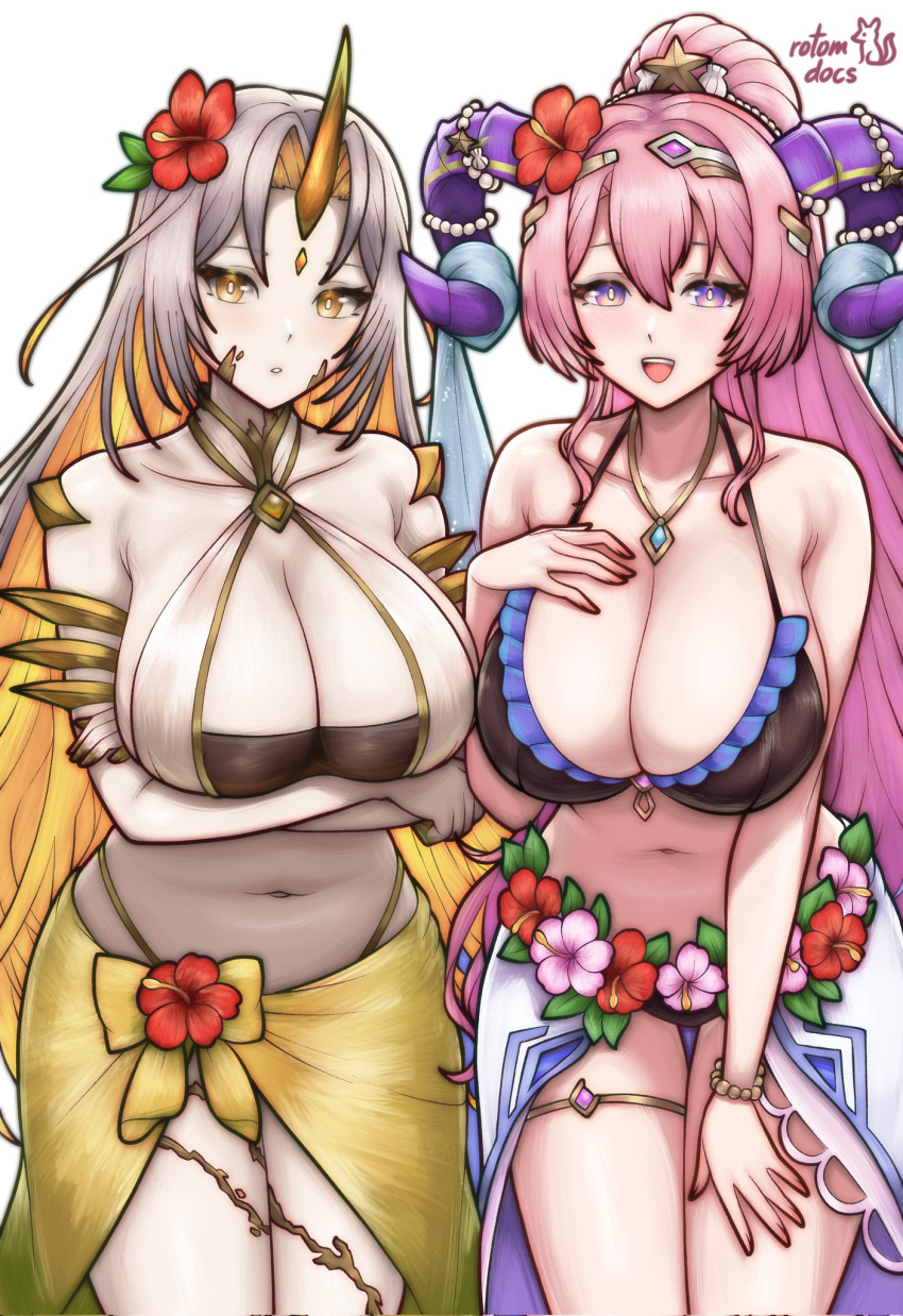 2_girls alluring arms_under_breasts big_breasts bikini black_bikini blonde_hair cleavage colored_inner_hair crossed_arms female_focus fire_emblem fire_emblem_heroes flower goat_horns grey_hair gullveig_(fire_emblem) gullveig_(summer)_(fire_emblem) hair_flower hair_ornament hand_on_own_chest hand_on_own_thigh high_res horns intelligent_systems jewelry leaning_forward long_hair looking_at_viewer multicolored_hair multiple_girls navel nerthuz_(fire_emblem) nerthuz_(summer)_(fire_emblem) nintendo official_alternate_costume pendant pink_hair ponytail purple_eyes rotomdocs sarong simple_background smile swimsuit thighlet very_long_hair white_background white_bikini yellow_eyes yellow_sarong