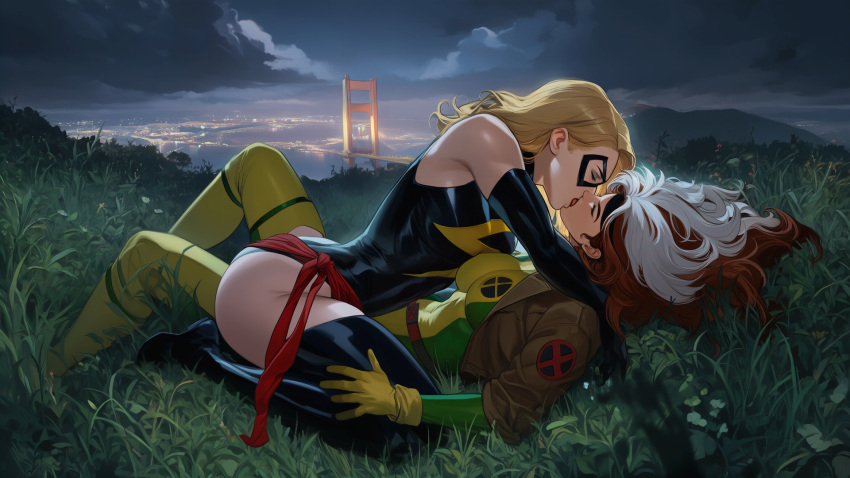 2_girls anna_marie ass avengers bangs bare_shoulders belt big_ass big_breasts black_gloves black_headband black_leotard black_mask black_thighhighs blonde_female blonde_hair bodysuit breast_press breasts bridge brown_hair brown_jacket carol_danvers carolaran carolaran_(artist) city cityscape closed_eyes cloud cloudy_sky couple domino_mask duo elbow_gloves eyeshadow female/female female_only french_kiss full_body girl_on_top gloves grass grey_eyeshadow headband heroine highleg highleg_leotard hugging jacket kissing legs legwear_under_shorts leotard lightning_print long_hair long_sleeves love lying lying_on_back lying_on_grass marvel marvel_comics mask ms._marvel ms._marvel_(carol_danvers) multicolored_bodysuit multicolored_clothes multicolored_hair multiple_girls mutual_yuri neck night night_sky on_back on_grass outside parted_bangs rogue rogue_(x-men) romantic romantic_couple skin_tight sky sleeveless sleeveless_leotard sleeveless_turtleneck sleeves_rolled_up stockings straight_hair superhero_costume superheroine thighs thunder_print turtleneck turtleneck_leotard two-tone_bodysuit two-tone_hair two_tone_hair water wavy_hair white_hair x-men x-men:_the_animated_series yellow_gloves yuri