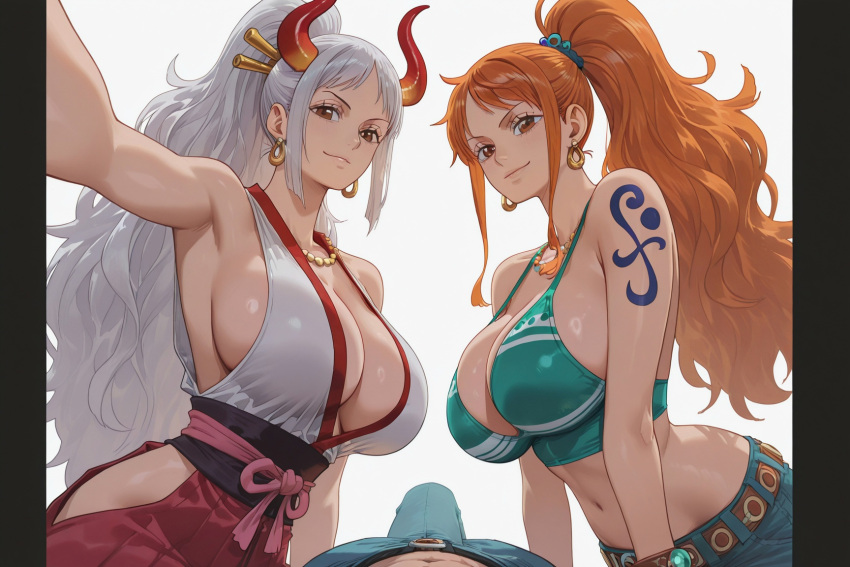 2_girls big_breasts curvy curvy_body curvy_female curvy_figure huge_breasts male monkey_d_luffy nami one_piece yamato_(one_piece)
