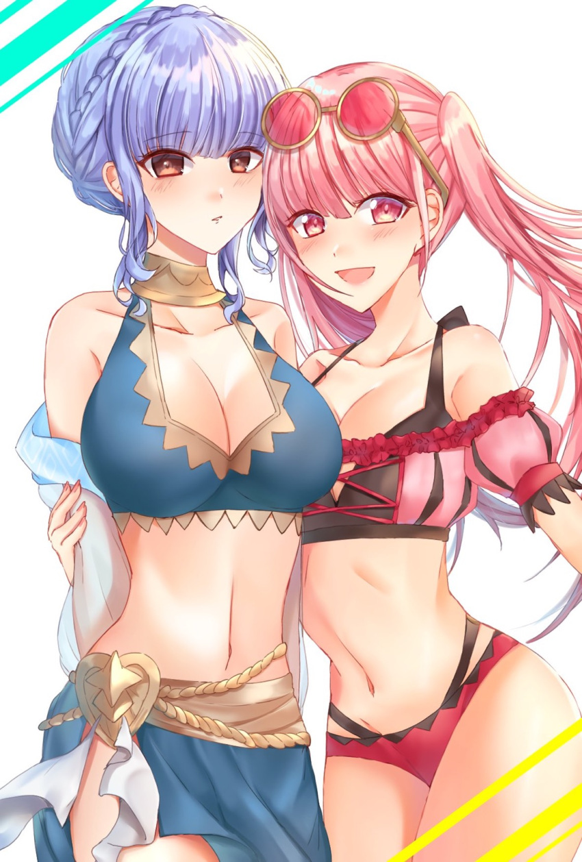 2_girls :d alluring big_breasts bikini blue_bikini blue_hair blush braid brown_eyes cleavage collarbone cowboy_shot crown_braid edamameoka eyewear_on_head fire_emblem fire_emblem:_three_houses fire_emblem_heroes floating_hair high_res hilda_valentine_goneril_(summer) intelligent_systems looking_at_viewer marianne_von_edmund_(summer) medium_breasts multiple_girls nail_polish navel nintendo official_alternate_costume open_mouth parted_lips pink-tinted_eyewear pink_bikini pink_hair pink_nails red_eyes sarong short_hair short_hair_with_long_locks short_sleeves sidelocks smile standing sunglasses swimsuit tinted_eyewear yellow-framed_eyewear