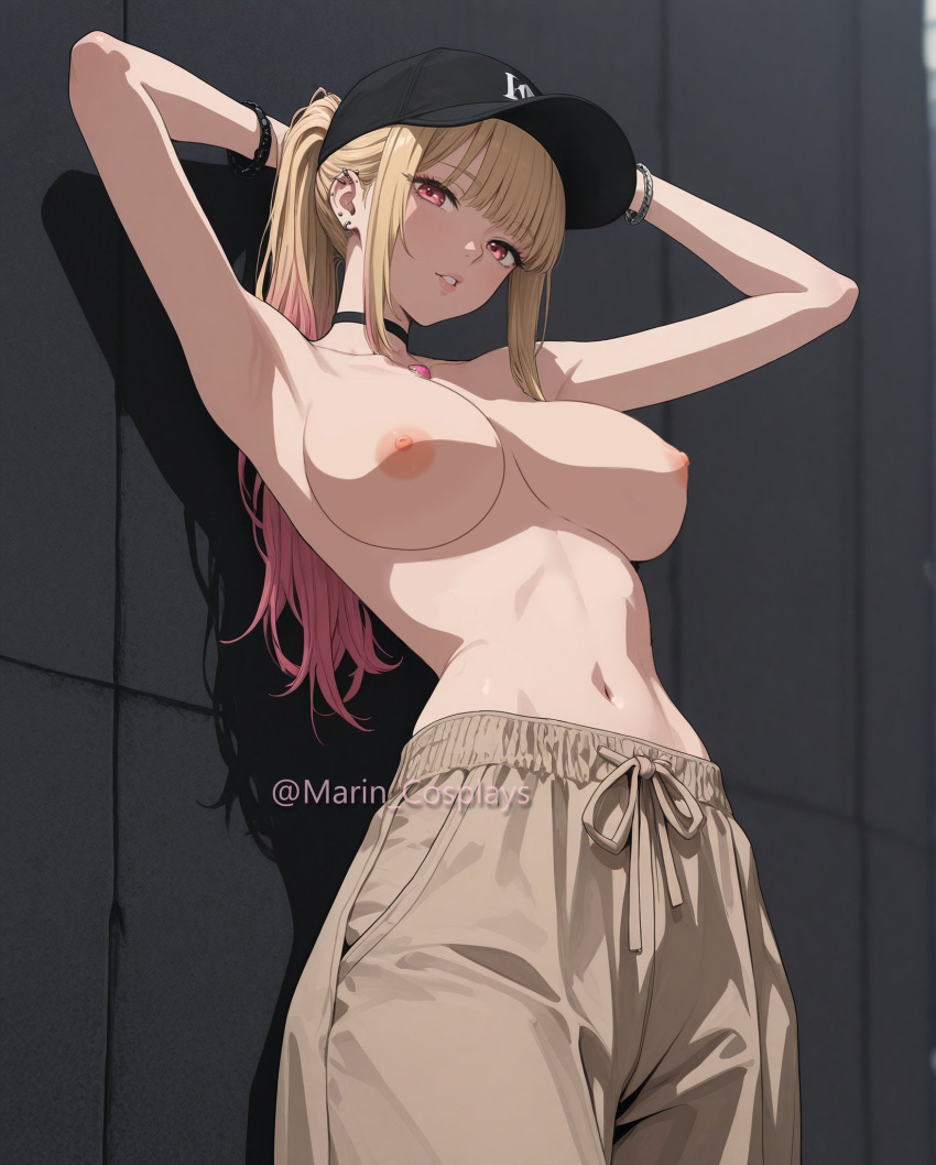 arms_up big_breasts blonde_hair cap hands_behind_head kitagawa_marin long_hair looking_at_viewer nekom14 nipples pants pink_eyes sono_bisque_doll_wa_koi_wo_suru topless