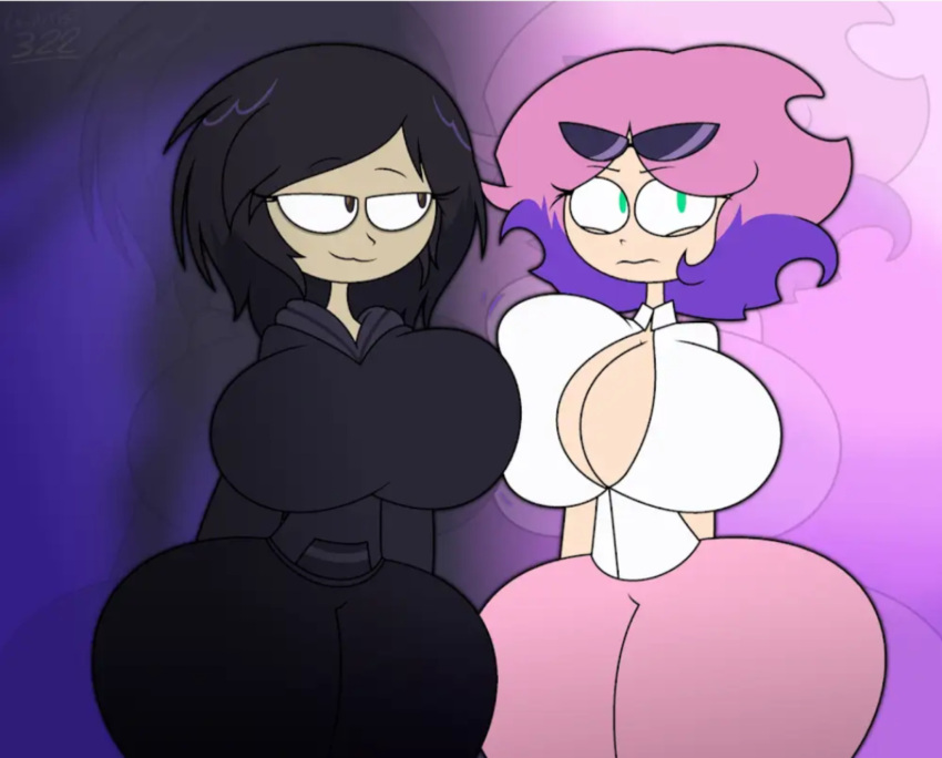 big_breasts boob_window breast_press cleavage dark_hair embarrassed eyelashes flirting green_eyes hoodie huge_breasts juj_puj juj_puj_(youtuber) kinsona_(la-artist322) la-artist322_(artist) lewd looking_at_another luj_pochi_(la-artist322) lustful milf milfs multicolored_hair pink_hair purple_hair seductive_look sexy smiling_at_another sunglasses_on_head thicc thicc_thighs thick_thighs young_adult young_adult_female young_adult_woman youtube youtuber youtuber_girl