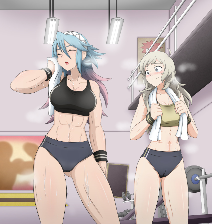 2_girls abs absurd_res alluring athletic_female big_breasts blonde_hair blue_hair buruma closed_eyes closed_mouth commission commissioner_upload dumbbell female_abs fire_emblem fire_emblem_fates fire_emblem_warriors fit_female gluteal_fold gradient_hair grey_eyes gym hair_between_eyes hair_ornament heavy_breathing high_res holding holding_towel indoors intelligent_systems long_hair looking_at_another luna_xd medium_breasts multicolored_hair multiple_girls navel nintendo open_mouth ophelia_(fire_emblem) railing soleil_(fire_emblem) sports_bra sportswear steaming_body sweat toned toned_female towel towel_around_neck very_long_hair wristband