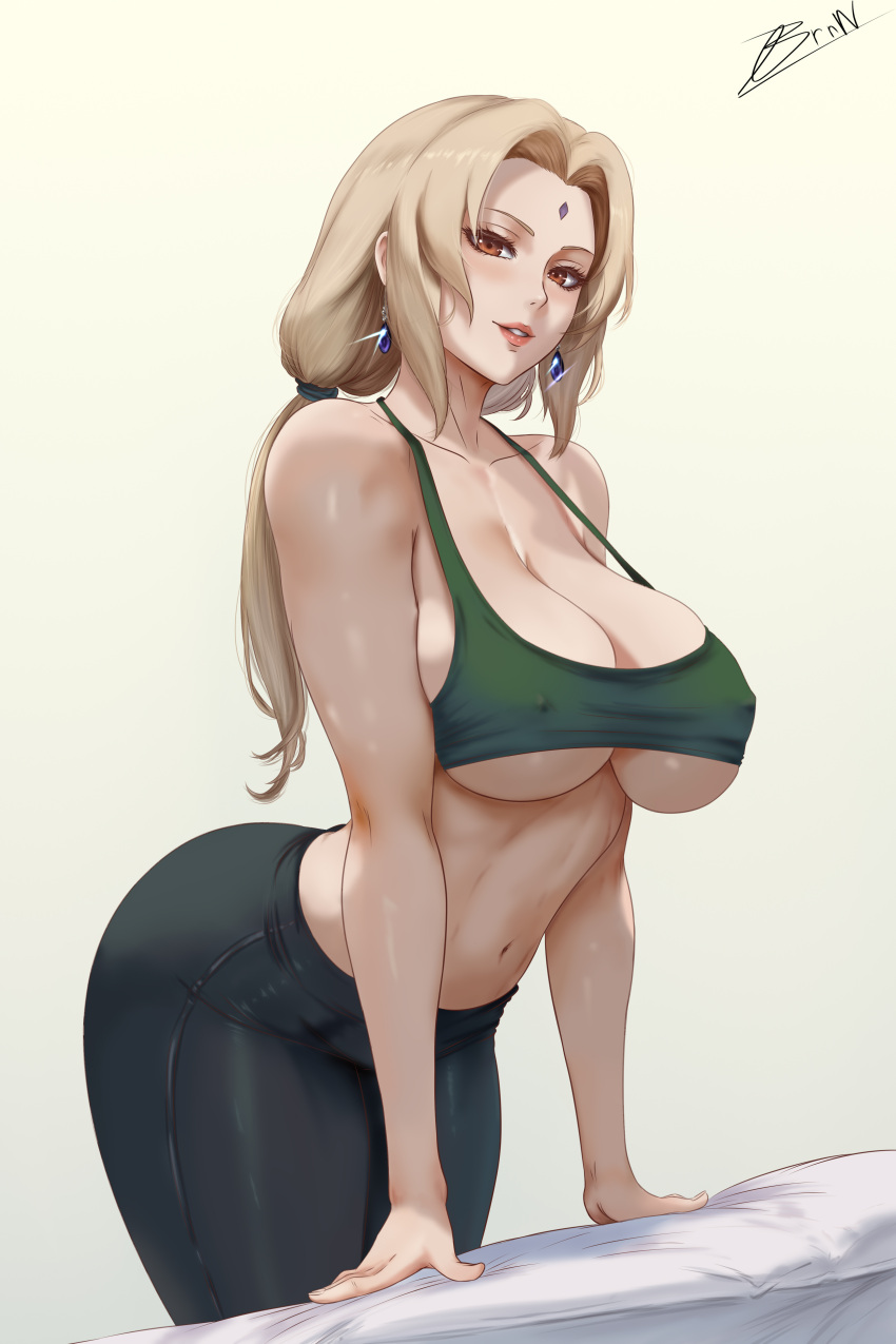 1girl bent_over big_breasts blonde_hair brnn brown_eyes bubble_butt cleavage horny inviting_to_sex looking_at_viewer naruto naruto_(series) naruto_shippuden pose standing teasing thick_thighs tsunade tsunade_(naruto) tsunade_senju