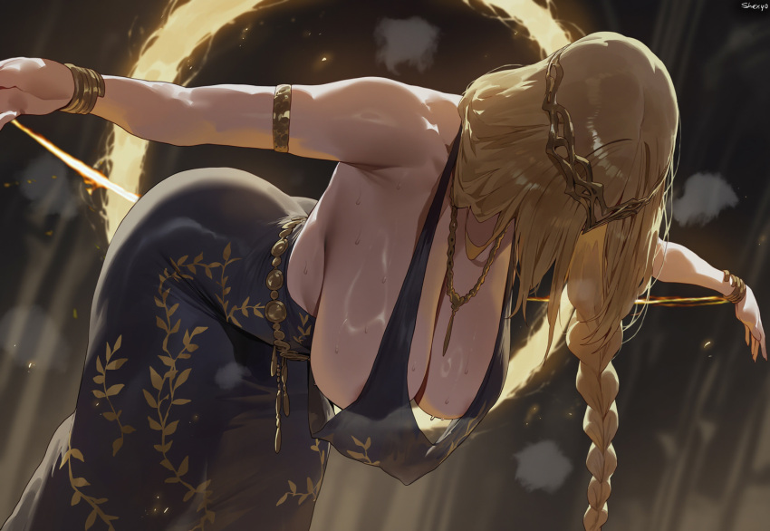 1girl bent_over big_breasts blonde_hair bubble_butt cleavage doggy_position elden_ring golden_eyes horny inviting_to_sex pose queen_marika_the_eternal shexyo standing teasing thick_thighs