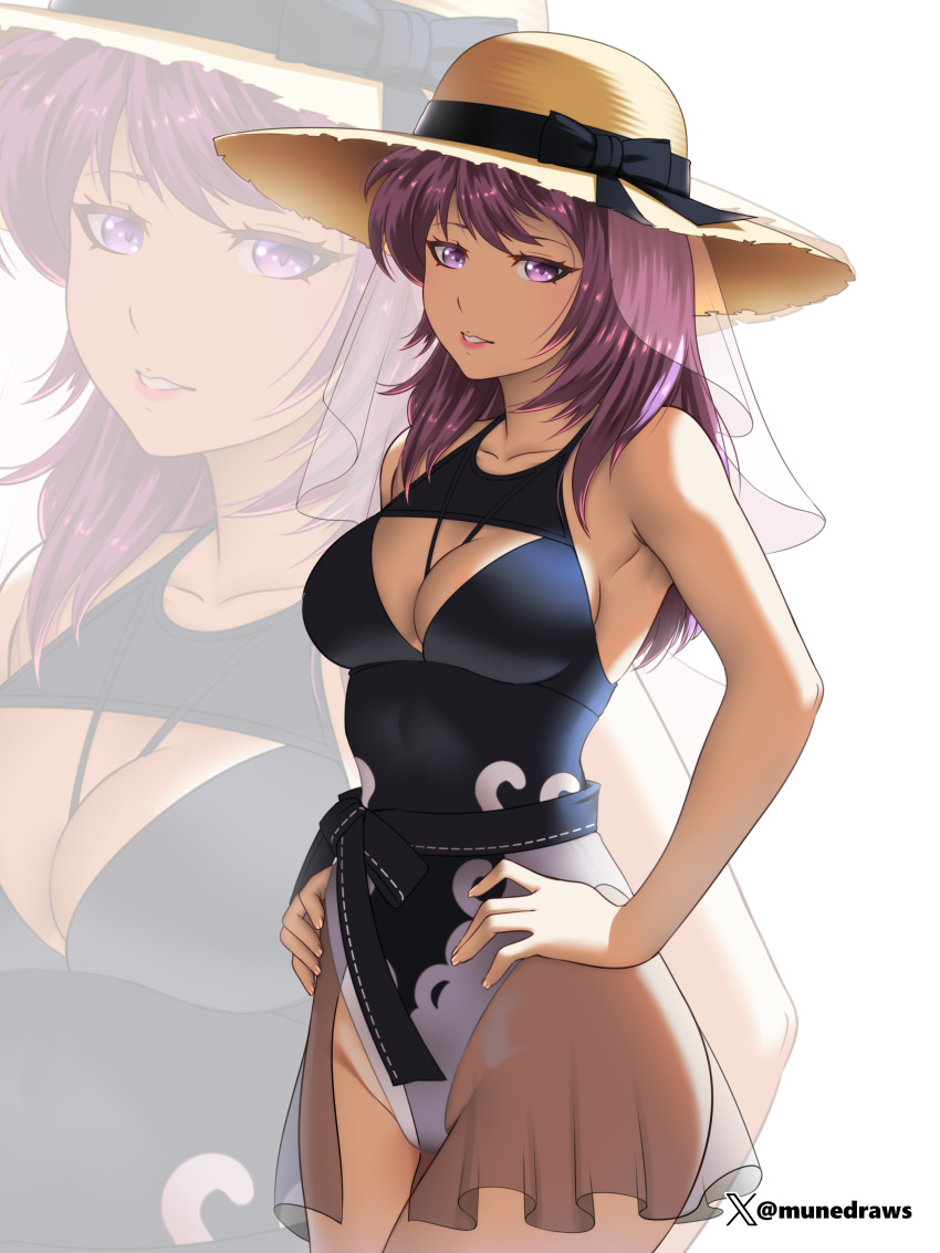 1girl alluring alternate_costume bare_thighs big_breasts black_one-piece_bikini black_swimsuit cleavage commission commissioner_upload eremiya_(fire_emblem) etchimune female_only fire_emblem fire_emblem:_new_mystery_of_the_emblem intelligent_systems long_hair looking_at_viewer nintendo one-piece_bikini purple_eyes purple_hair see-through smile swimsuit thighs zoom_layer