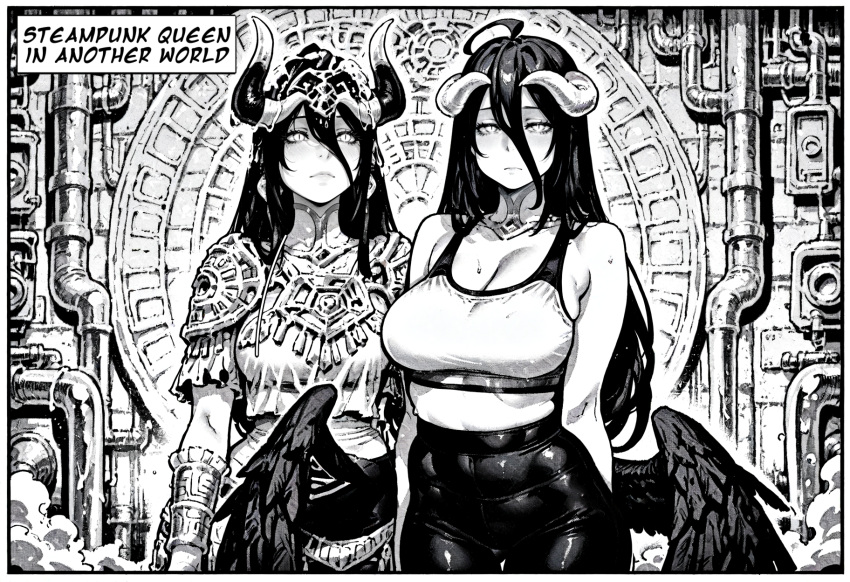 1girl 1girl 1girls ahoge ai_assisted ai_generated albedo_(overlord) big_breasts black_and_white black_hair black_wings bra breasts breasts breats eyebrows eyelashes eyes eyeshadow feathered_wings feathers glowing_eyes hires horns long_hair low_wings makeup manga overlord_(maruyama) patreon pipe pipes queen sexually_suggestive sfw sports_bra sportswear stable_diffusion standing steampunk succubus succubus_horns tagme thaisalon thick_thighs thighs tight_clothing white_horn white_horns wings yellow_eyes yoga_pants