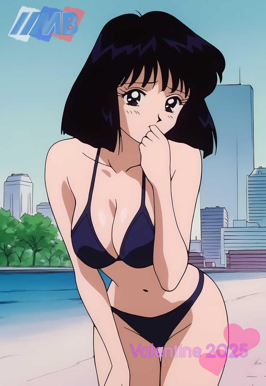 1girl accurate_art_style adult_swim alluring big_breasts bikini bishoujo_senshi_sailor_moon bishoujo_senshi_sailor_moon_s bishoujo_senshi_sailor_moon_supers black_hair cleavage hotaru_tomoe michael_benson pin_up purple_eyes toei_animation toonami viz_media