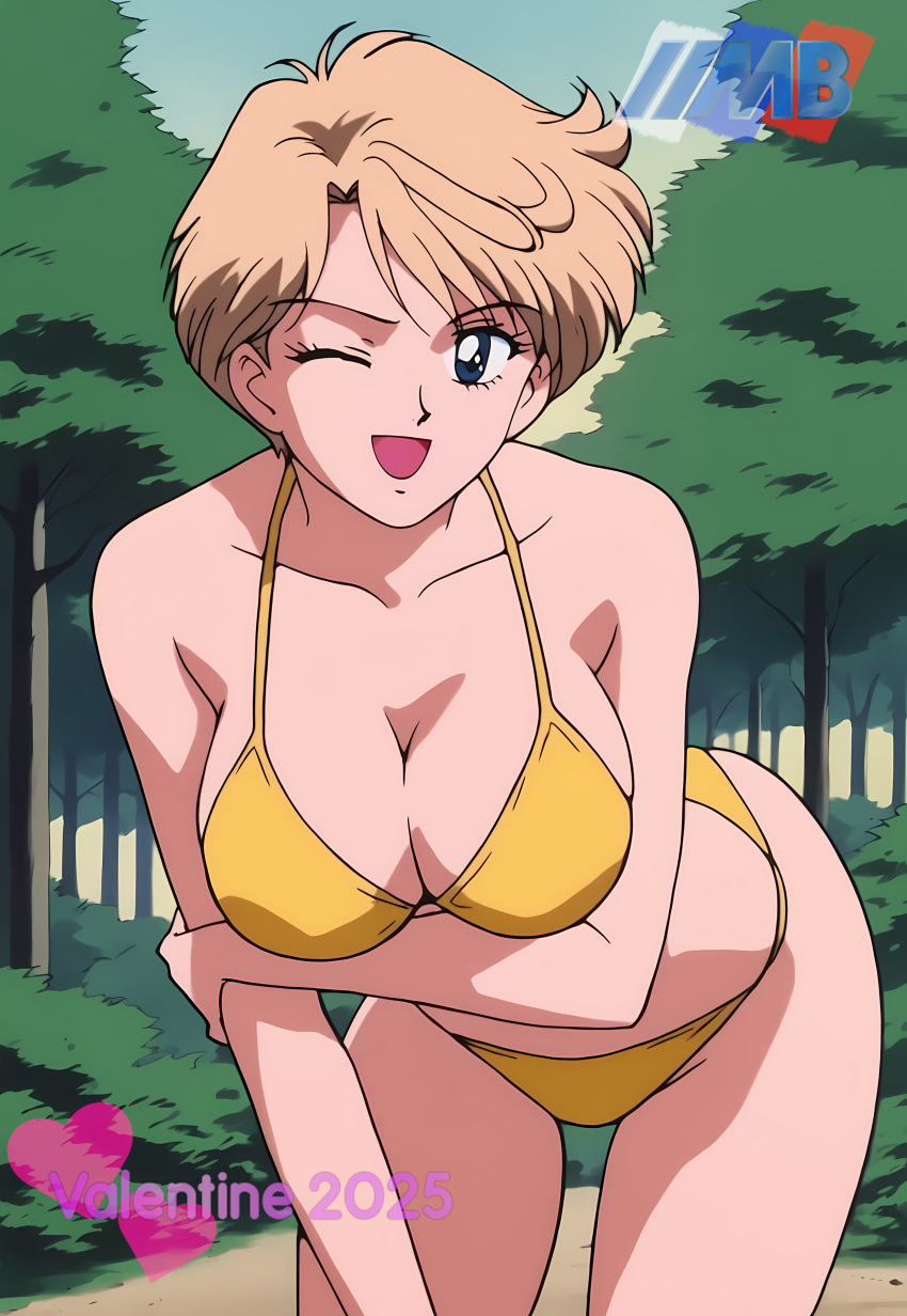 1girl accurate_art_style adult_swim alluring big_breasts bikini bishoujo_senshi_sailor_moon bishoujo_senshi_sailor_moon_s bishoujo_senshi_sailor_moon_s_the_movie bishoujo_senshi_sailor_moon_supers bishoujo_senshi_sailor_moon_supers_the_movie blonde_hair cleavage haruka_ten'ou michael_benson navy_eyes pin_up toei_animation toonami viz_media