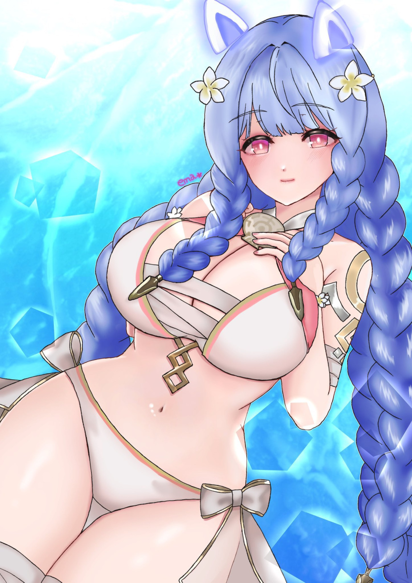 1girl 1girl alluring artist_name big_breasts bikini blue_hair blunt_bangs braid cleavage closed_mouth e_m_a fire_emblem fire_emblem_heroes flower hair_flower hair_ornament heidrun_(fire_emblem) heidrun_(summer)_(fire_emblem) high_res intelligent_systems light_smile long_hair looking_at_viewer navel nintendo official_alternate_costume swimsuit very_long_hair white_bikini