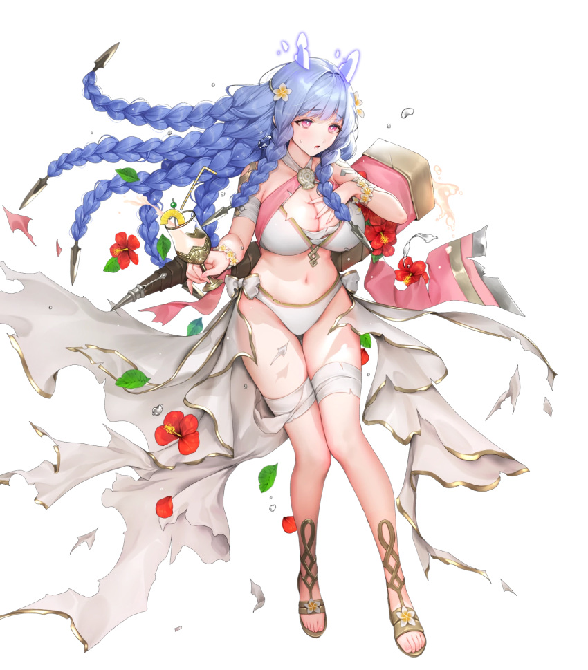 1girl 1girl alluring big_breasts bikini blue_hair body_markings braid cleavage cornucopia cup damaged drinking_glass drinking_straw female_focus fire_emblem fire_emblem_heroes flower heidrun_(fire_emblem) heidrun_(summer)_(fire_emblem) high_res holding holding_cup intelligent_systems long_hair navel nectar nintendo non-web_source official_alternate_costume official_art parted_lips red_eyes red_flower sandals sencha_(senchat) swimsuit torn_clothes very_long_hair white_bikini