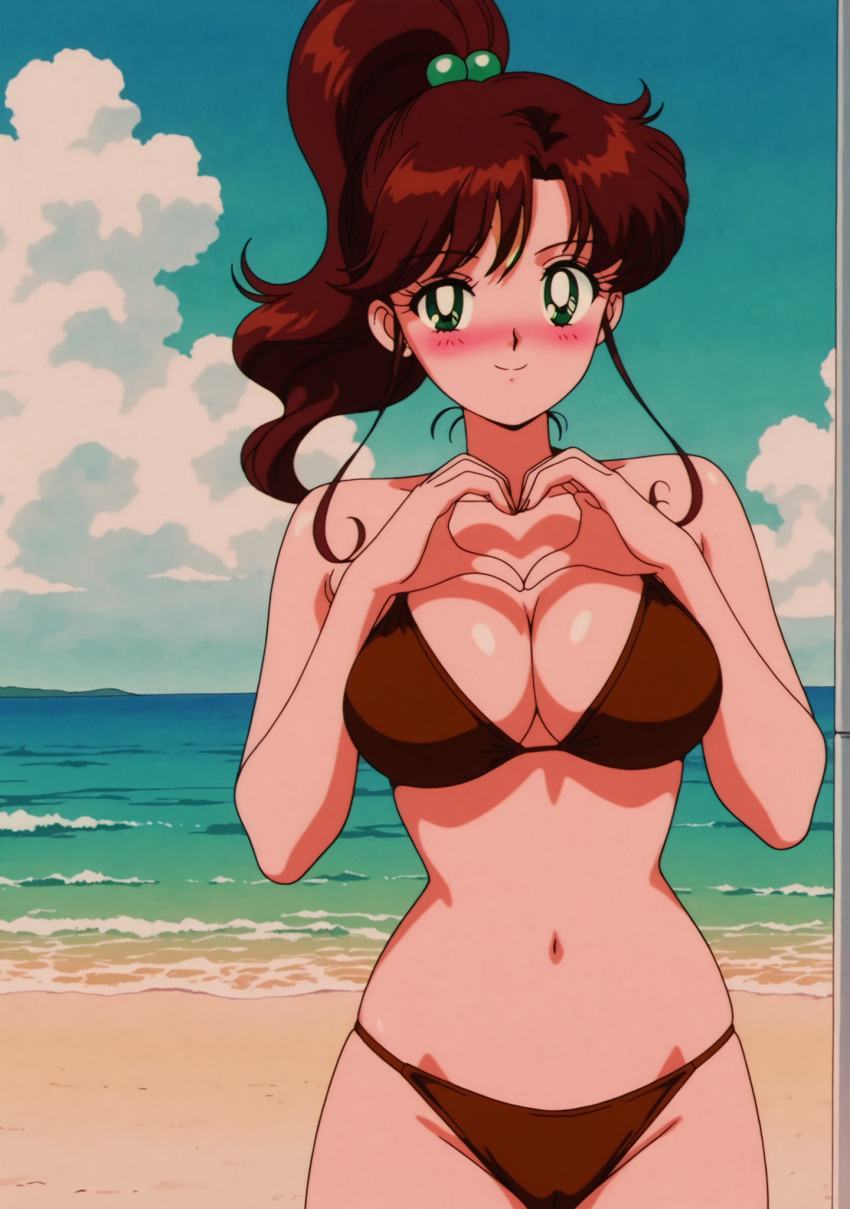 1girl accurate_art_style adult_swim alluring beach big_breasts bikini bishoujo_senshi_sailor_moon bishoujo_senshi_sailor_moon_r bishoujo_senshi_sailor_moon_r_the_movie bishoujo_senshi_sailor_moon_s bishoujo_senshi_sailor_moon_s_the_movie bishoujo_senshi_sailor_moon_supers bishoujo_senshi_sailor_moon_supers_the_movie brown_hair cleavage green_eyes makoto_kino nightcore_(artist) ocean pin_up toei_animation toonami viz_media