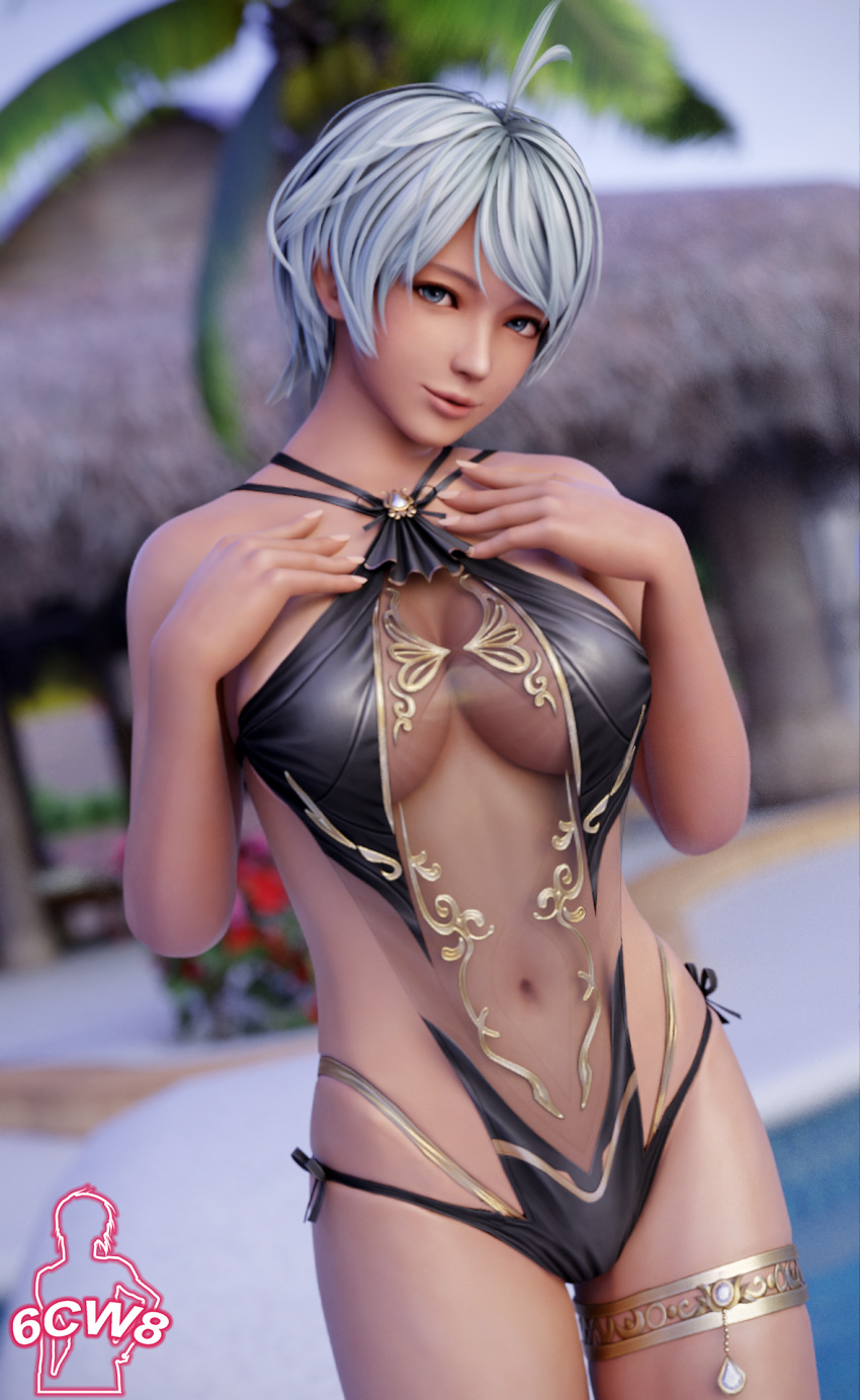 6cw8 alluring big_breasts bikini blue_eyes dead_or_alive dead_or_alive_xtreme_venus_vacation one-piece_bikini patty_(doa) pin_up silver_hair swimming_pool tecmo