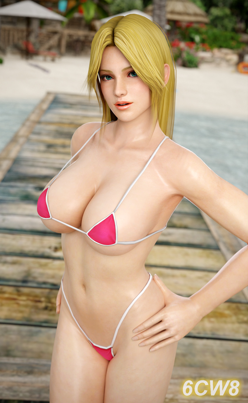 1girl 6cw8 alluring big_breasts bikini blonde_hair blue_eyes dead_or_alive dead_or_alive_2 dead_or_alive_3 dead_or_alive_4 dead_or_alive_5 dead_or_alive_6 dead_or_alive_xtreme_venus_vacation helena_douglas micro_bikini pin_up tecmo under_boob