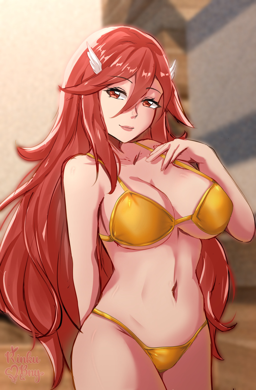 1girl 1girl 1girl alluring alternate_costume big_breasts bikini cleavage cordelia_(fire_emblem) female_only fire_emblem fire_emblem_awakening fire_emblem_warriors gold_bikini gold_swimsuit hair_between_eyes intelligent_systems long_hair nintendo red_eyes red_hair rinku_bny smile swimsuit under_boob very_long_hair yellow_bikini yellow_swimsuit