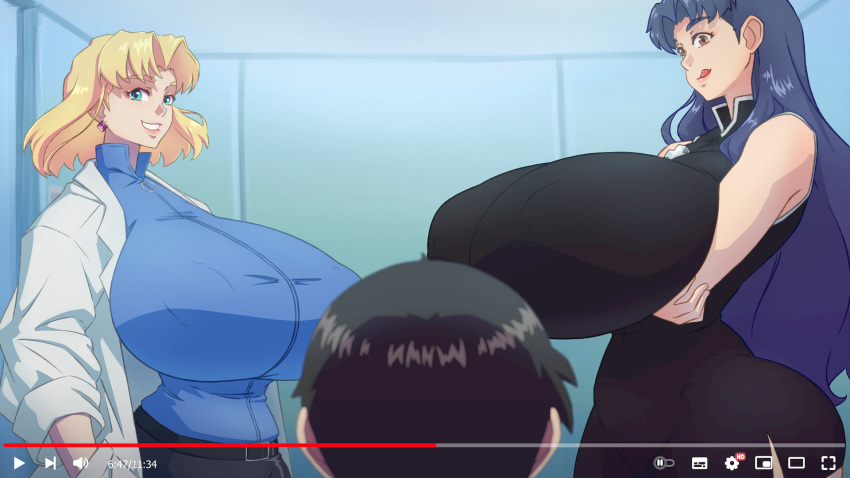 1_boy 2_girls big_breasts blonde_hair brown_hair earrings femboy gigantic_breasts horny_face labcoat misato_katsuragi n647 naughty_face neon_genesis_evangelion purple_hair ritsuko_akagi shinji_ikari smile you_gonna_get_raped