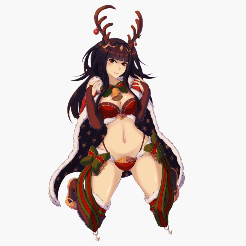 1girl 1girl 1girl 2021 absurd_res alluring alternate_costume ass_visible_through_thighs bare_midriff bare_thighs bell big_breasts bikini black_hair blush bow bowtie brown_eyes christmas cleavage female_only fire_emblem fire_emblem_awakening fire_emblem_heroes fire_emblem_warriors fur_coat fur_trim high_res intelligent_systems light-skinned_female light_skin looking_at_viewer nintendo official_alternate_costume smile tharja tharja_(fire_emblem) thighs zerocgm