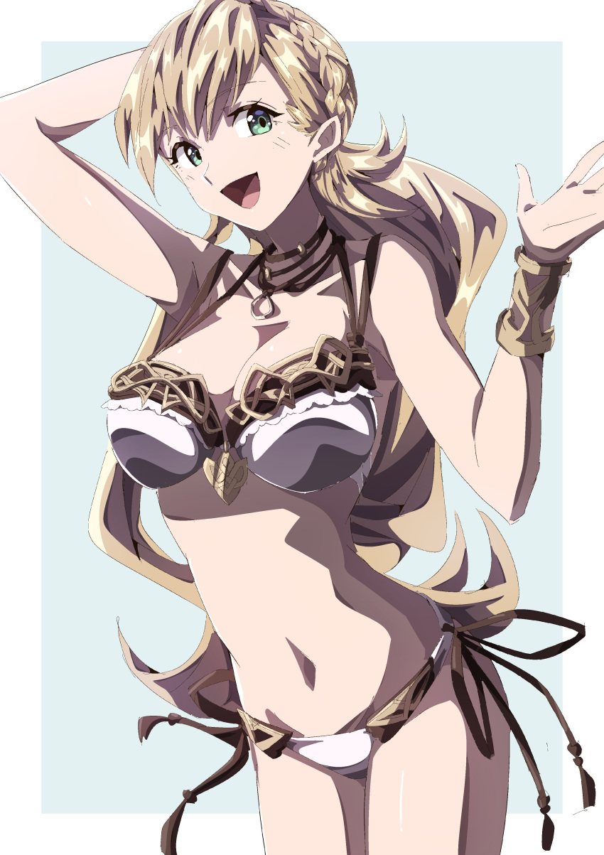 1girl 1girl 1girl absurd_res alluring alternate_costume big_breasts bikini blue_background border bracelet braid cleavage crown_braid female_only fire_emblem fire_emblem_cipher fire_emblem_heroes green_eyes high_res intelligent_systems jewelry long_hair looking_at_viewer navel necklace nintendo official_alternate_costume open_mouth outside_border sharena_(fire_emblem) simple_background smile stomach swimsuit to_(tototo_tk) white_bikini white_border white_swimsuit