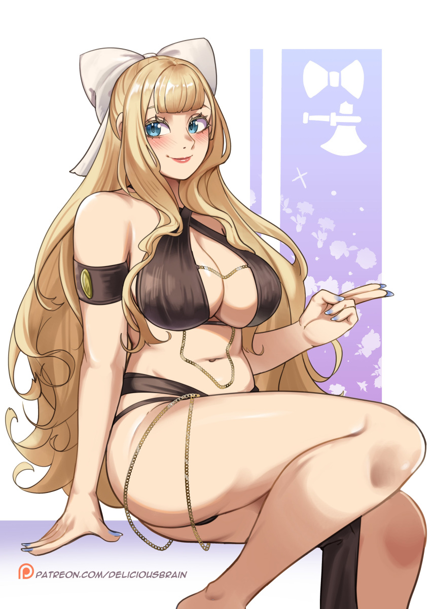 1girl 1girl 1girl absurd_res alluring artist_name big_breasts blonde_hair blue_eyes blunt_ends charlotte_(fire_emblem) criss-cross_halter deliciousbra deliciousbrain female_only fire_emblem fire_emblem_fates hair_ribbon halterneck harem_outfit high_res intelligent_systems long_hair looking_at_viewer meme_attire nail_polish navel nintendo ribbon smile thighs white_ribbon yomorio_lingerie