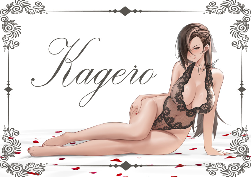 1girl 1girl 1girl alluring alternate_costume arm_support bare_legs barefoot big_breasts brown_eyes brown_hair character_name cleavage closed_mouth collarbone commission eyelashes feet female_only fire_emblem fire_emblem_fates full_body grey_ribbon hair_over_one_eye hair_ribbon hand_on_own_thigh high_res intelligent_systems kagero_(fire_emblem) kunoichi leaning_to_the_side legs leotard lingerie long_hair looking_at_viewer nail_polish navel nintendo on_side petals red_nails ribbon rose_petals seductive seductive_smile see-through see-through_leotard shiny_skin shizuko_hideyoshi thighs toenail_polish toenails toes underwear white_background