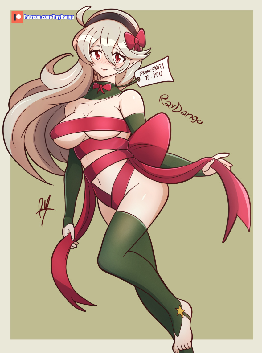 1girl 1girl 1girl alluring big_breasts blush christmas corrin_(fire_emblem) corrin_(fire_emblem)_(female) embarrassed english_text female_only fire_emblem fire_emblem_fates fire_emblem_warriors gift hair_between_eyes intelligent_systems looking_at_viewer naked_ribbon nintendo raydango red_eyes ribbon ribboned_body smile text