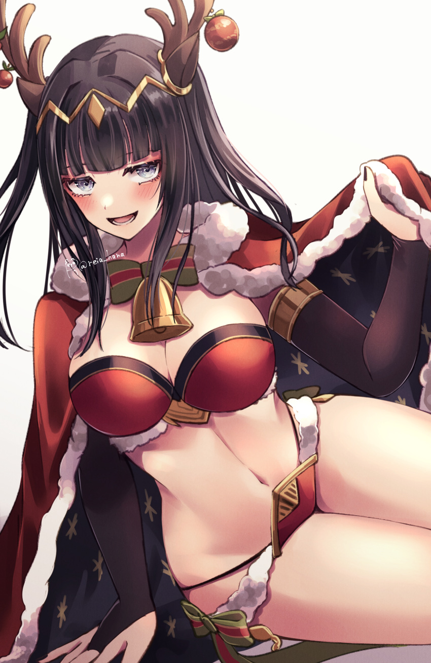 1girl 1girl 1girl :d absurd_res alluring alternate_costume animal_ears antlers bangs bare_thighs bell big_breasts bikini black_hair black_nails black_sleeves blunt_bangs blush bow bowtie bridal_gauntlets cape christmas christmas_ornaments cleavage deer_ears female_only fire_emblem fire_emblem_awakening fire_emblem_heroes fire_emblem_warriors fur-trimmed_cape fur_trim green_bow green_bowtie grey_eyes high_res intelligent_systems jingle_bell long_hair lying milf navel neck_bell nintendo official_alternate_costume on_side open_mouth red_bikini reia_hana reindeer_antlers santa_bikini signature smile stomach swimsuit tharja tharja_(fire_emblem) thick_thighs thighs wide_hips