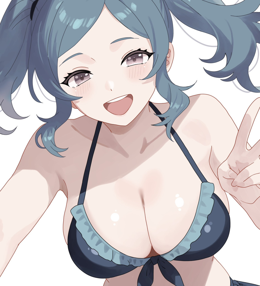 1girl 1girl 1girl :d alluring bare_shoulders big_breasts bikini blue_bikini blue_hair blush cleavage collarbone commentary_request cynthia_(fire_emblem) fire_emblem fire_emblem_awakening grey_eyes high_res intelligent_systems long_hair looking_at_viewer n_54 open_mouth sideboob silf simple_background skindentation smile swimsuit teeth twin_tails upper_body upper_teeth_only v white_background