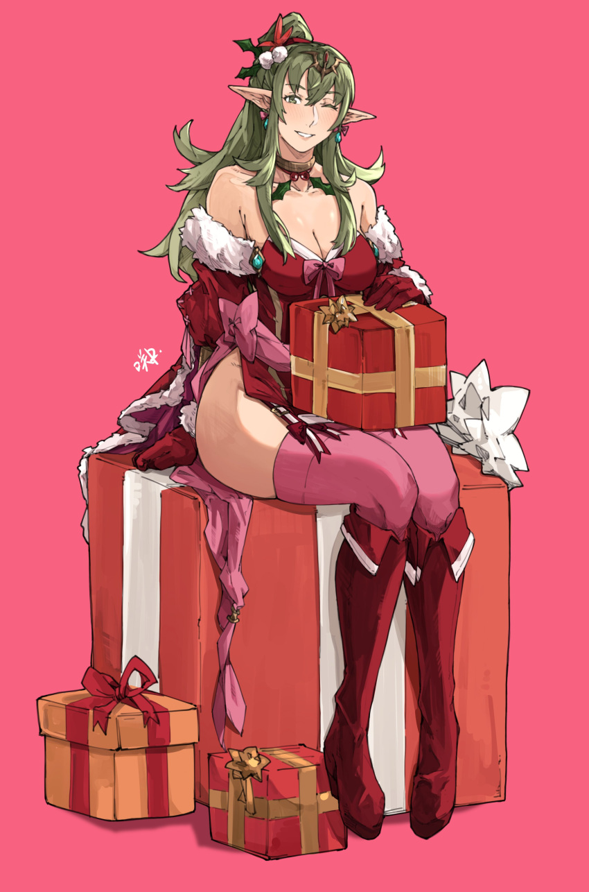 1girl 1girl 1girls absurd_res alternate_costume bare_shoulders big_breasts christmas christmas_outfit christmas_present cleavage dress english_commentary fire_emblem fire_emblem_awakening fire_emblem_warriors full_body gift gloves green_eyes green_hair hair_ornament high_res holding holding_gift intelligent_systems jewelry legs_together long_hair looking_at_viewer nintendo one_eye_closed pointy_ears ponytail present ribbon sakuremi sitting smile stockings thick_thighs thighs tiara tiki_(adult)_(fire_emblem) tiki_(fire_emblem) tiki_(fire_emblem)_(adult) wink
