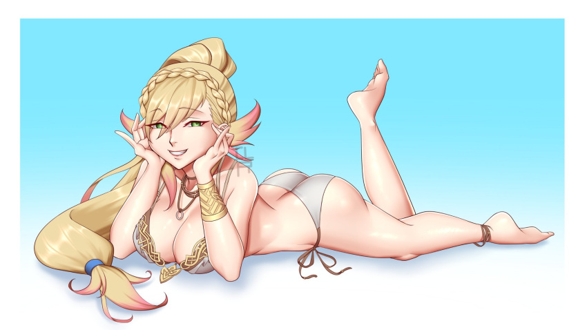 1girl 1girl 1girls aged_up alluring alternate_costume ass ass_cleavage ass_crack bare_legs barefoot big_ass big_breasts bikini blonde_hair braid butt_crack cleavage cleru_(cleruuuuu) female_only fire_emblem fire_emblem_cipher fire_emblem_heroes green_eyes grey_bikini grey_swimsuit grin high_res intelligent_systems long_hair lying multicolored_hair nintendo official_alternate_costume older on_stomach ponytail sharena_(fire_emblem) smile swimsuit the_pose very_long_hair
