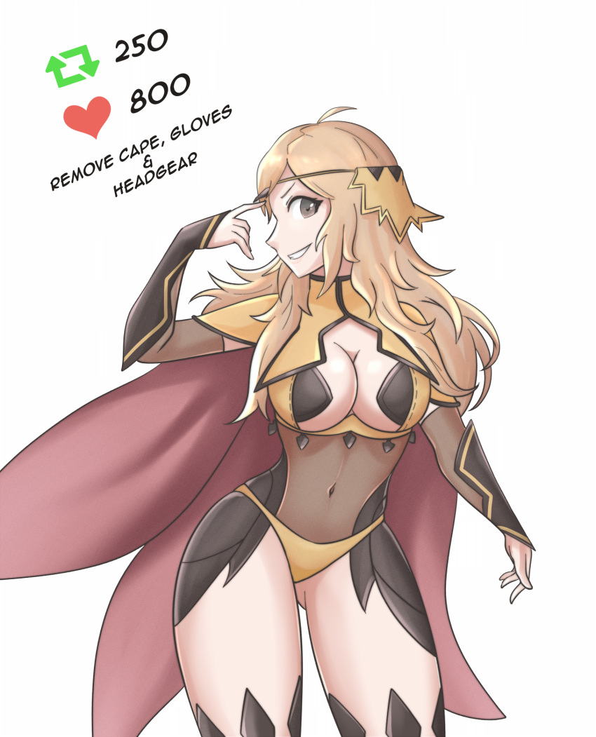 1girl 1girl 1girls aged_up alluring ass_visible_through_thighs bare_thighs big_breasts blonde_hair bodystocking cape cleavage english_text female_only fire_emblem fire_emblem_fates grey_eyes grin hayato_stuff intelligent_systems long_hair meme nintendo ophelia_(fire_emblem) panties smile smug stockings stripping text thick_thighs thighs twitter_strip_game under_boob underwear undressing very_long_hair yellow_panties