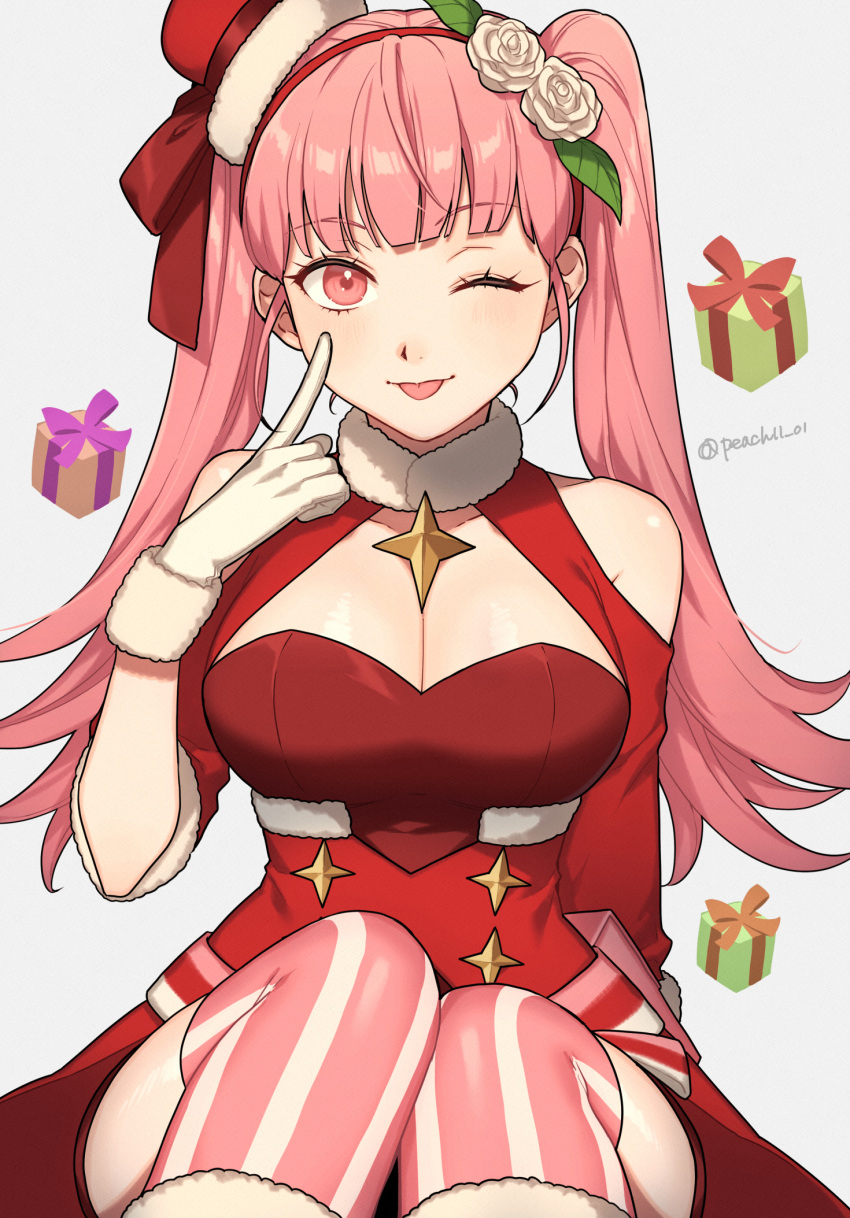1girl 1girl 1girls ;) ;p alluring alternate_costume bare_shoulders big_breasts blunt_bangs box christmas cleavage clothing_cutout commentary_request female_only fire_emblem fire_emblem:_three_houses fire_emblem_heroes gift gift_box gloves grey_background hairband high_res hilda_valentine_goneril intelligent_systems long_hair looking_at_viewer nintendo official_alternate_costume one_eye_closed peach11_01 pink_eyes pink_hair pink_thighhighs red_hairband shoulder_cutout simple_background sitting smile stockings striped striped_thighhighs tongue tongue_out twin_tails vertical-striped_thighhighs vertical_stripes very_long_hair white_gloves