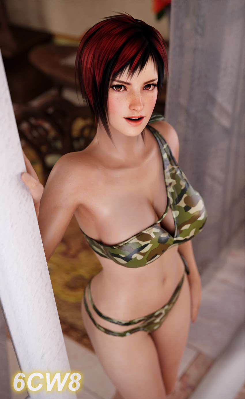1girl 1girl 3d 6cw8 alluring big_breasts big_breasts big_breasts bikini black_hair brown_eyes camo_clothing camo_print camouflage_bikini cleavage dead_or_alive female_focus female_only freckles hourglass_figure human light-skinned_female light_skin looking_at_viewer mila_(doa) navel red_hair short_hair standing swimsuit tagme tecmo tomboy two-tone_hair wide_hips