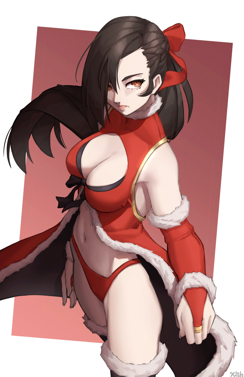 1girl 1girl absurd_res alluring alternate_costume big_breasts black_hair brown_eyes christmas cleavage cleavage_cutout clothing_cutout female_only fingerless_gloves fire_emblem fire_emblem_fates gloves hair_over_one_eye high_res intelligent_systems kagero_(fire_emblem) long_hair nintendo panties ponytail red_gloves red_panties santa_costume simple_background stockings thighs underwear x_xith_x