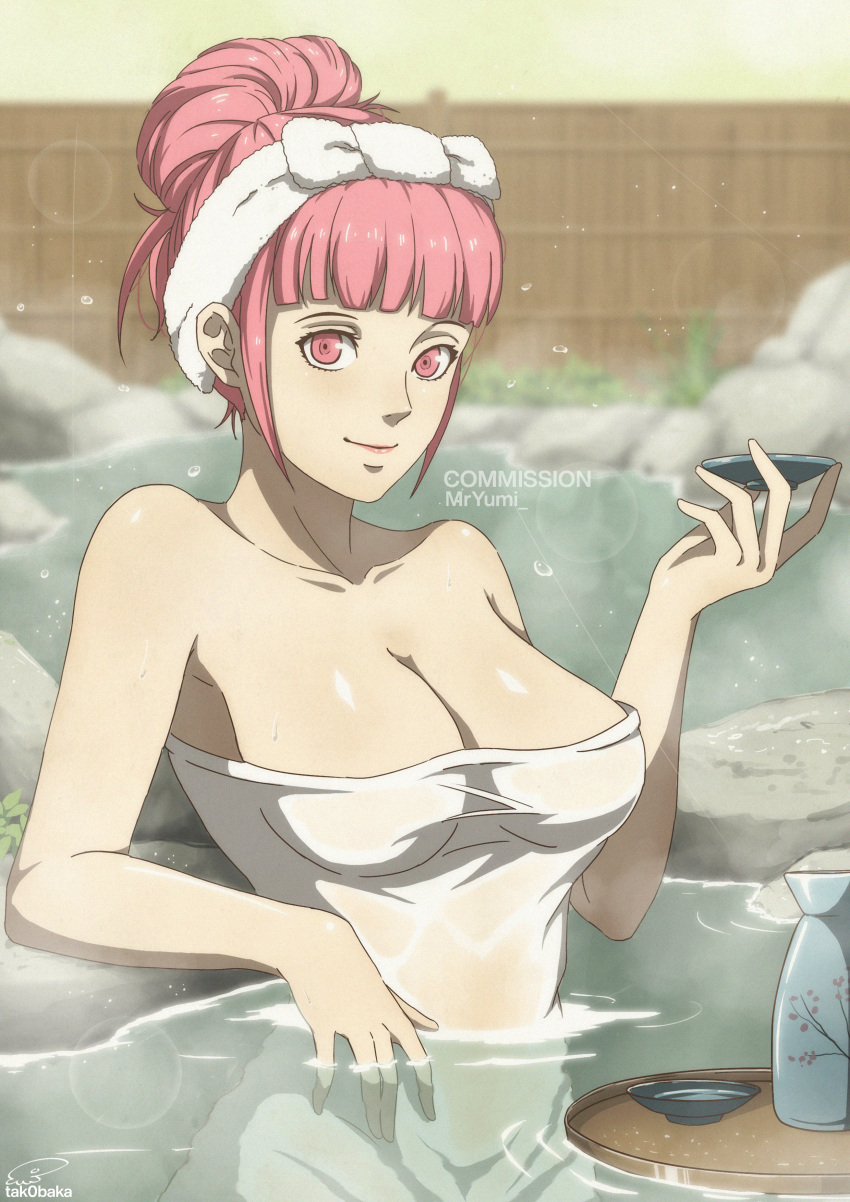 1girl 1girl absurd_res alluring artist_logo artist_name bare_shoulders big_breasts bottle cleavage closed_mouth commentary commission cup english_commentary female_focus fence fire_emblem fire_emblem:_three_houses fire_emblem_warriors:_three_hopes hair_bun high_res hilda_valentine_goneril holding holding_cup intelligent_systems logo matching_hair/eyes naked_towel nintendo official_alternate_hairstyle onsen partially_submerged pink_eyes pink_hair rock sakazuki sake_bottle smile steam tak0baka towel towel_on_head water