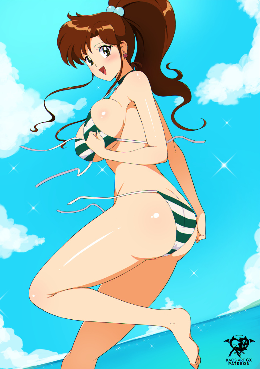 1girl 1girl adult_swim alluring ass beach big_breasts bikini bishoujo_senshi_sailor_moon bishoujo_senshi_sailor_moon_r bishoujo_senshi_sailor_moon_r_the_movie bishoujo_senshi_sailor_moon_s bishoujo_senshi_sailor_moon_s_the_movie bishoujo_senshi_sailor_moon_supers bishoujo_senshi_sailor_moon_supers_the_movie brown_hair butt_crack feet green_eyes high_res kaos_art leg_lift legs looking_at_viewer makoto_kino ocean open_mouth ponytail sideboob smile swimsuit thighs toei_animation toonami viz_media water