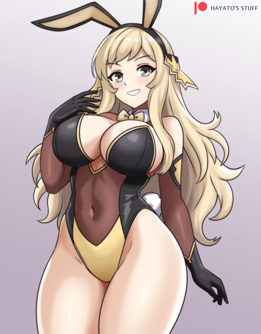 1girl 1girl alluring alternate_costume animal_ears bare_thighs big_breasts bow bowtie bunny_day bunny_ears bunny_girl bunnysuit cleavage female_only fire_emblem fire_emblem_fates gloves grey_eyes grin hayato_stuff high_res intelligent_systems long_hair nintendo ophelia_(fire_emblem) playboy_bunny rabbit_ears sidelocks smile swept_bangs thick_thighs