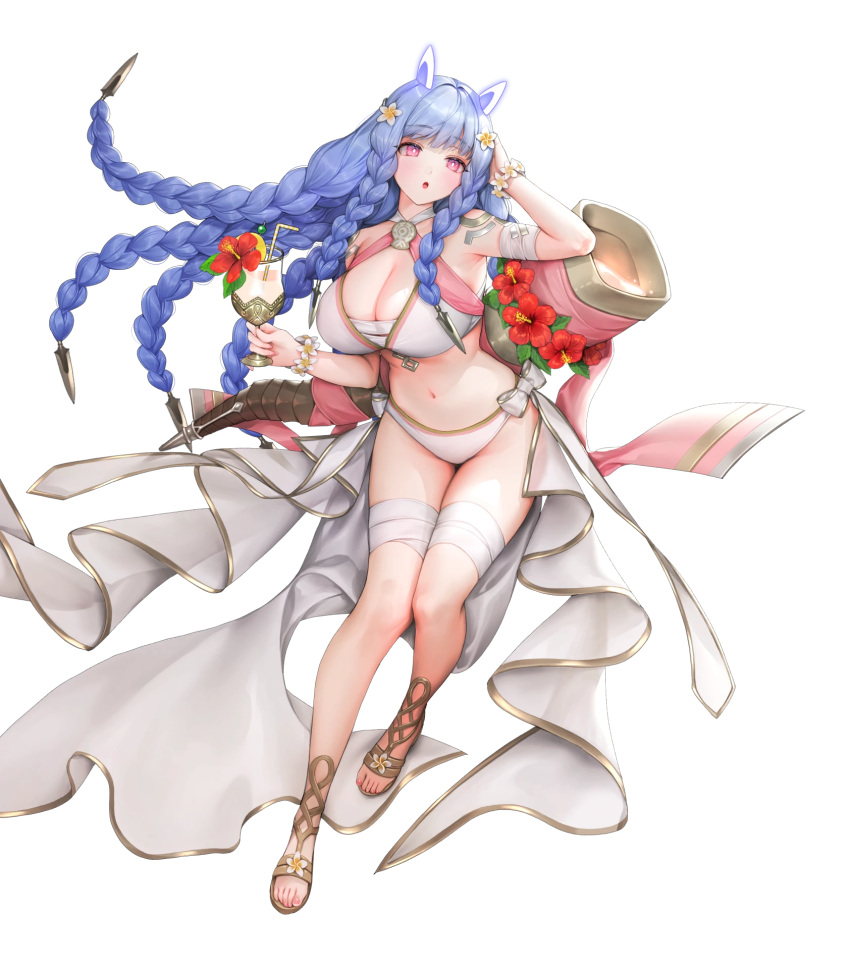 1girl 1girl alluring arm_behind_head attack big_breasts bikini blue_hair body_markings braid cleavage cornucopia cup drinking_glass drinking_straw female_focus fire_emblem fire_emblem_heroes heidrun_(fire_emblem) heidrun_(summer)_(fire_emblem) high_res holding holding_cup intelligent_systems long_hair navel nectar nintendo non-web_source official_alternate_costume official_art parted_lips red_eyes sandals sencha_(senchat) swimsuit very_long_hair white_bikini