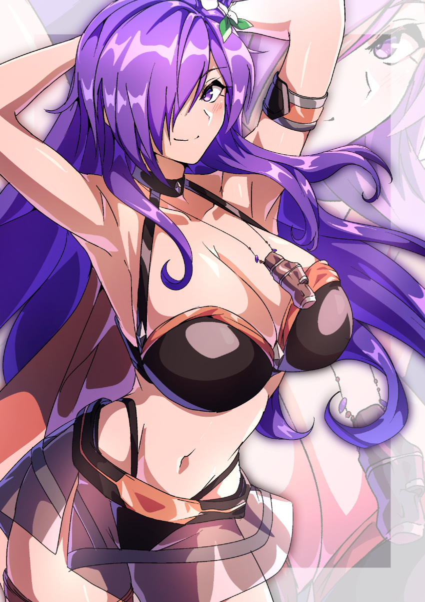 1girl 1girl alluring arms_behind_head arms_up big_breasts bikini cleavage fire_emblem fire_emblem_heroes fire_emblem_warriors:_three_hopes flower flower_in_hair hair_over_one_eye intelligent_systems looking_at_viewer nintendo purple_eyes purple_hair shez_(fire_emblem) shez_(fire_emblem)_(female) shez_(summer)_(fire_emblem) swimsuit to_(tototo_tk)