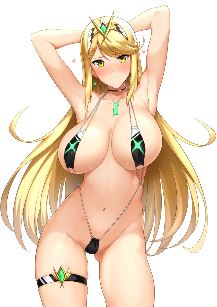1girl 1girl alluring arms_behind_head big_breasts blonde_hair blush breasts chest_jewel cleavage closed_mouth commentary_request cowboy_shot female_focus gem hair_ornament halcon headpiece heart high_res jewelry long_hair looking_at_viewer mythra_(xenoblade) navel nintendo simple_background skindentation sling_bikini slingshot_swimsuit stockings swept_bangs swimsuit thigh_strap thighs tiara white_background xenoblade_(series) xenoblade_chronicles_2 yellow_eyes