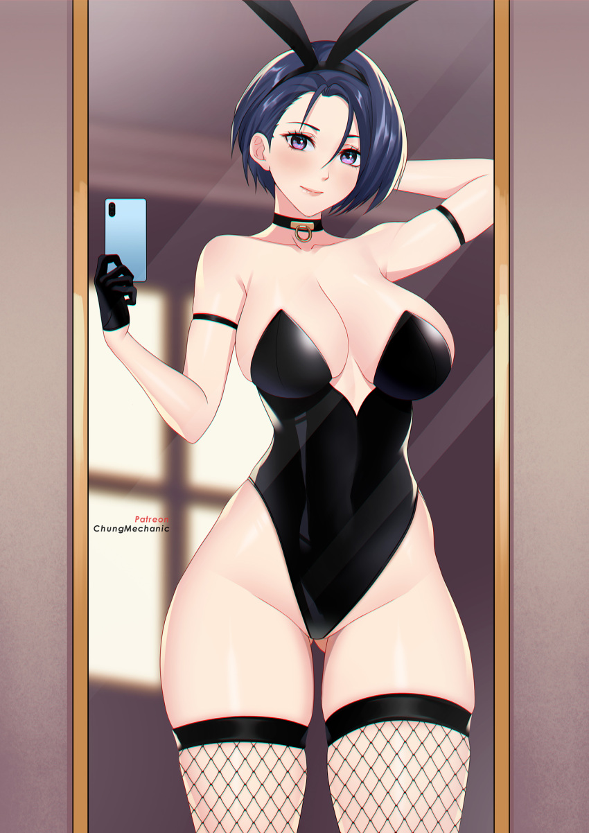 1girl 1girl alluring artist_name bare_shoulders big_breasts blue_hair choker chungmechanic cleavage collarbone contemporary fire_emblem fire_emblem:_three_houses fishnet_thighhighs fishnets gloves high_res intelligent_systems looking_at_viewer mirror nintendo playboy_bunny purple_hair selfpic selfpic shamir_nevrand short_hair smile stockings