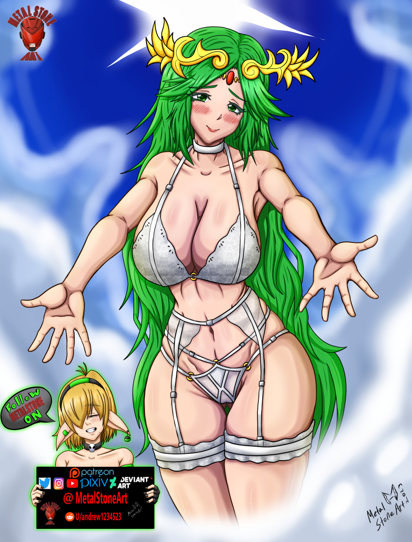 1girl 1girl alluring athletic_female bare_shoulders big_breasts bra cleavage collarbone curvy deviantart_logo deviantart_username female_focus fit_female green_eyes green_hair instagram_username kid_icarus kid_icarus_uprising laurel_crown lingerie long_hair matching_hair/eyes metalstoneart nintendo palutena panties pixiv_logo pixiv_username reddit_logo reddit_username thick_thighs thighs twitter_username twitter_x_logo underwear very_long_hair white_bra white_lingere white_panties wide_hips youtube_logo youtube_username