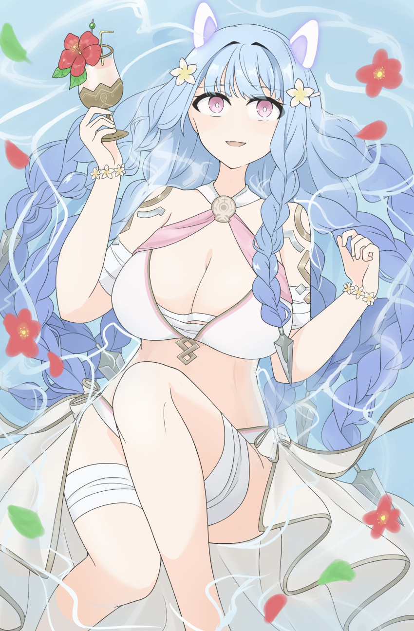 1girl 1girl alluring bare_shoulders big_breasts bikini blue_hair body_markings braid cleavage cup fire_emblem fire_emblem_heroes flower hair_flower hair_ornament heidrun_(fire_emblem) heidrun_(summer)_(fire_emblem) high_res holding holding_cup intelligent_systems long_hair looking_at_viewer nintendo ocean official_alternate_costume open_mouth partially_submerged red_eyes shiratuyusan smile stomach swimsuit very_long_hair water white_bikini