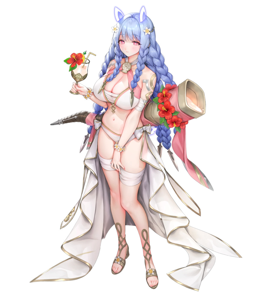 1girl 1girl alluring big_breasts bikini blue_hair body_markings braid cleavage cornucopia covering_crotch covering_privates female_focus fire_emblem fire_emblem_heroes full_body heidrun_(fire_emblem) heidrun_(summer)_(fire_emblem) high_res intelligent_systems long_hair looking_at_viewer navel nectar nintendo non-web_source official_alternate_costume official_art red_eyes sandals sencha_(senchat) swimsuit tachi-e very_long_hair white_bikini