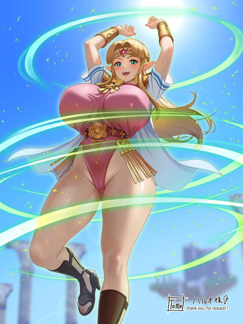 1girl 1girl :d absurd_res adapted_costume alternate_breast_size_(larger) big_breasts blonde_hair blue_skalluring cape circlet commentary_request curvy green_eyes high_heel_sandals high_res leotard looking_at_viewer magic nintendo open_mouth pink_leotard pointy_ears princess_zelda sandals sky smile the_legend_of_zelda the_legend_of_zelda:_a_link_between_worlds tomo_eokaiteru white_cape