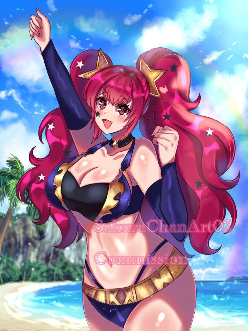 1girl 1girl :d alluring arm_up bare_shoulders beach big_breasts bikini black_choker blue_sky choker clenched_hand cloud commission cowboy_shot day facial_mark fire_emblem fire_emblem_engage hand_up high_res intelligent_systems long_hair navel nintendo ocean official_alternate_costume open_mouth palm_tree red_eyes red_hair sakurachanart02 sky smile standing star_(symbol) stomach swimsuit tree very_long_hair water watermark yunaka_(fire_emblem)